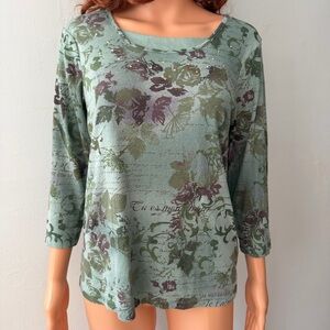 Y2K Basic Editions Sage Green Floral 3/4 Sleeve Graphic Blouse Coquette Fairy